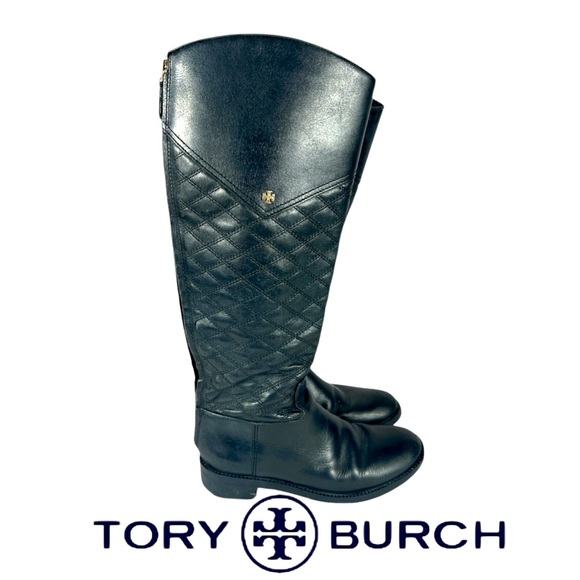 Tory Burch Riding Boots Claremont Tall Boots Quilted Black Vegan Leather… - Picture 1 of 16